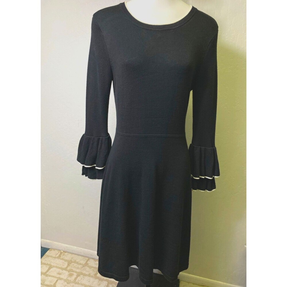 Vince Camuto Womens M Black White Knit Fit & Flare Dress Crew Neck 3/4 Sleeve
